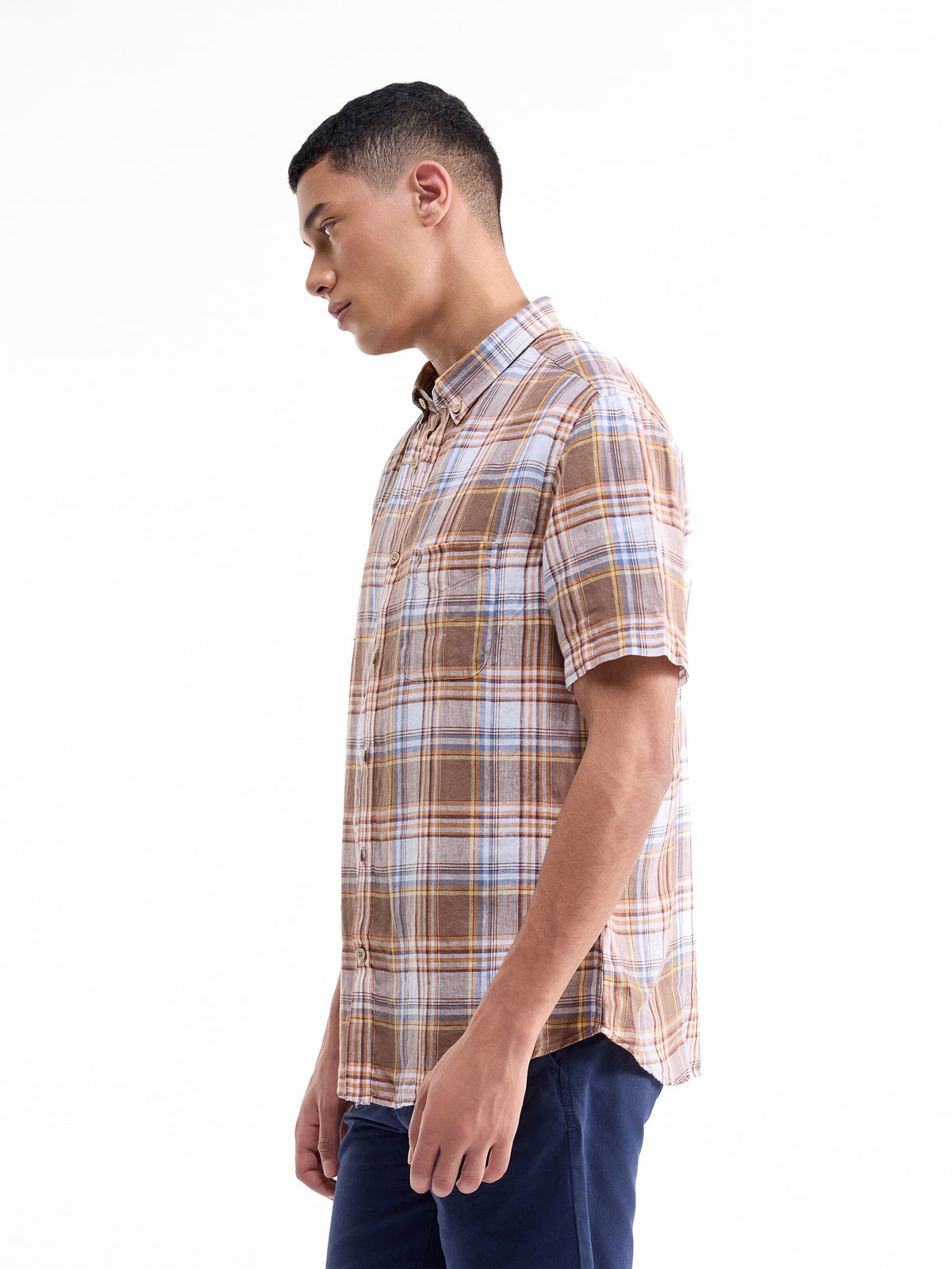 Check Half Sleeve Linen Shirt - Brown t4option_0