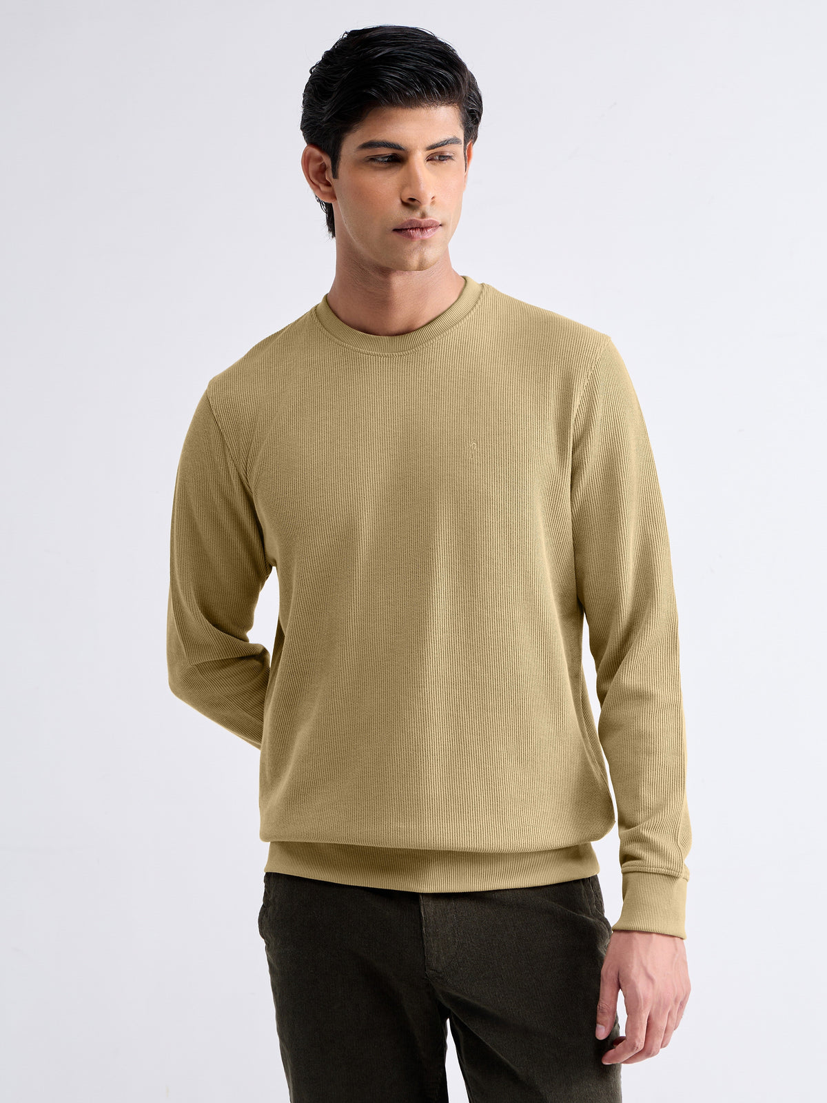 Textured Crew Neck Sweatshirt - Light Tan t4option_0