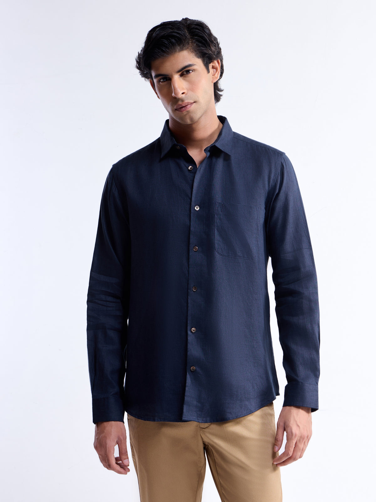 Solid Full Sleeve Linen Shirt - Navy t4option_0