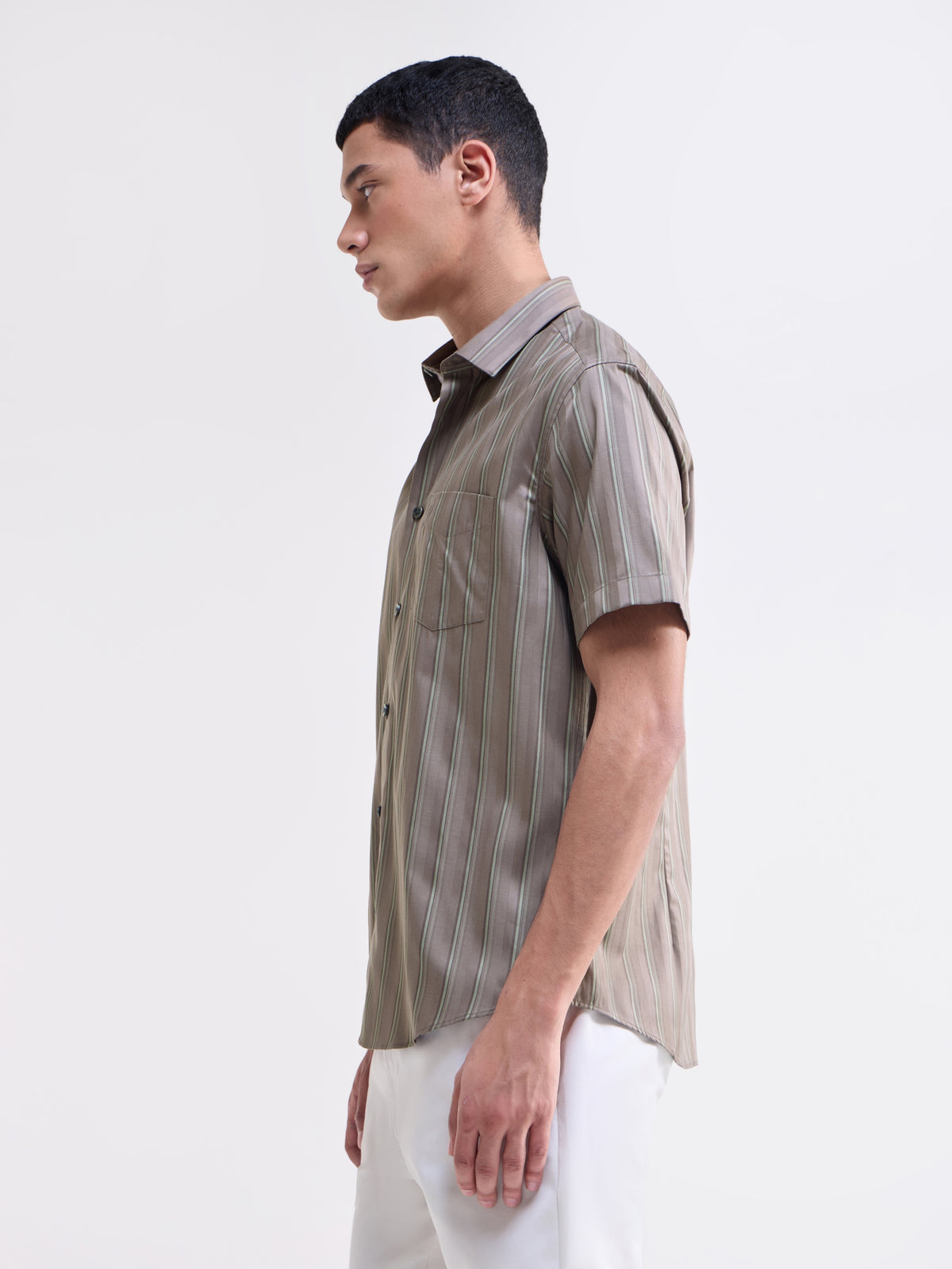 Striped Half Sleeve Cotton Shirt - Lt Brown t4option_0