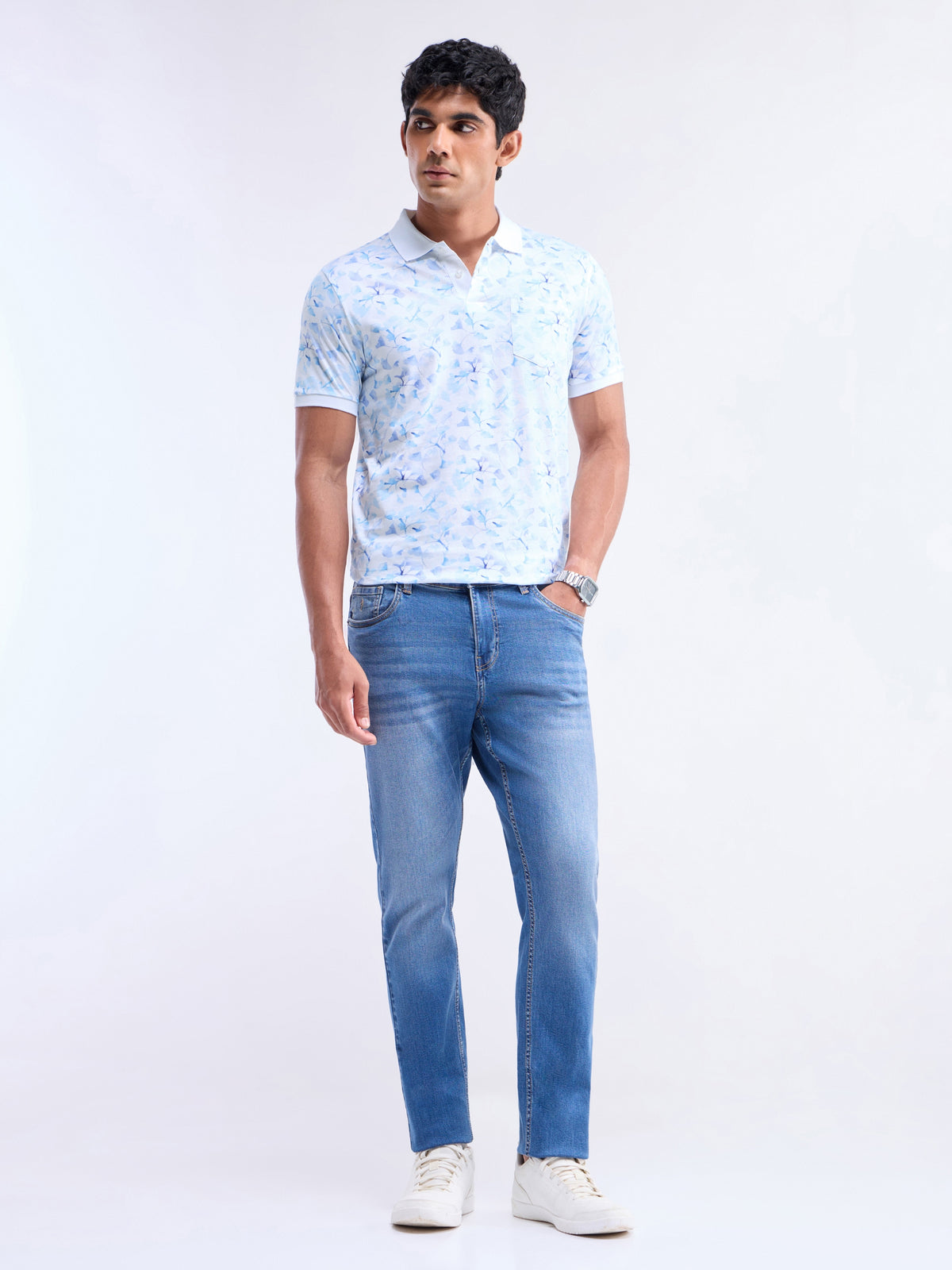 Printed Half Sleeve Regular Fit Polo T-Shirt - White t4option_0