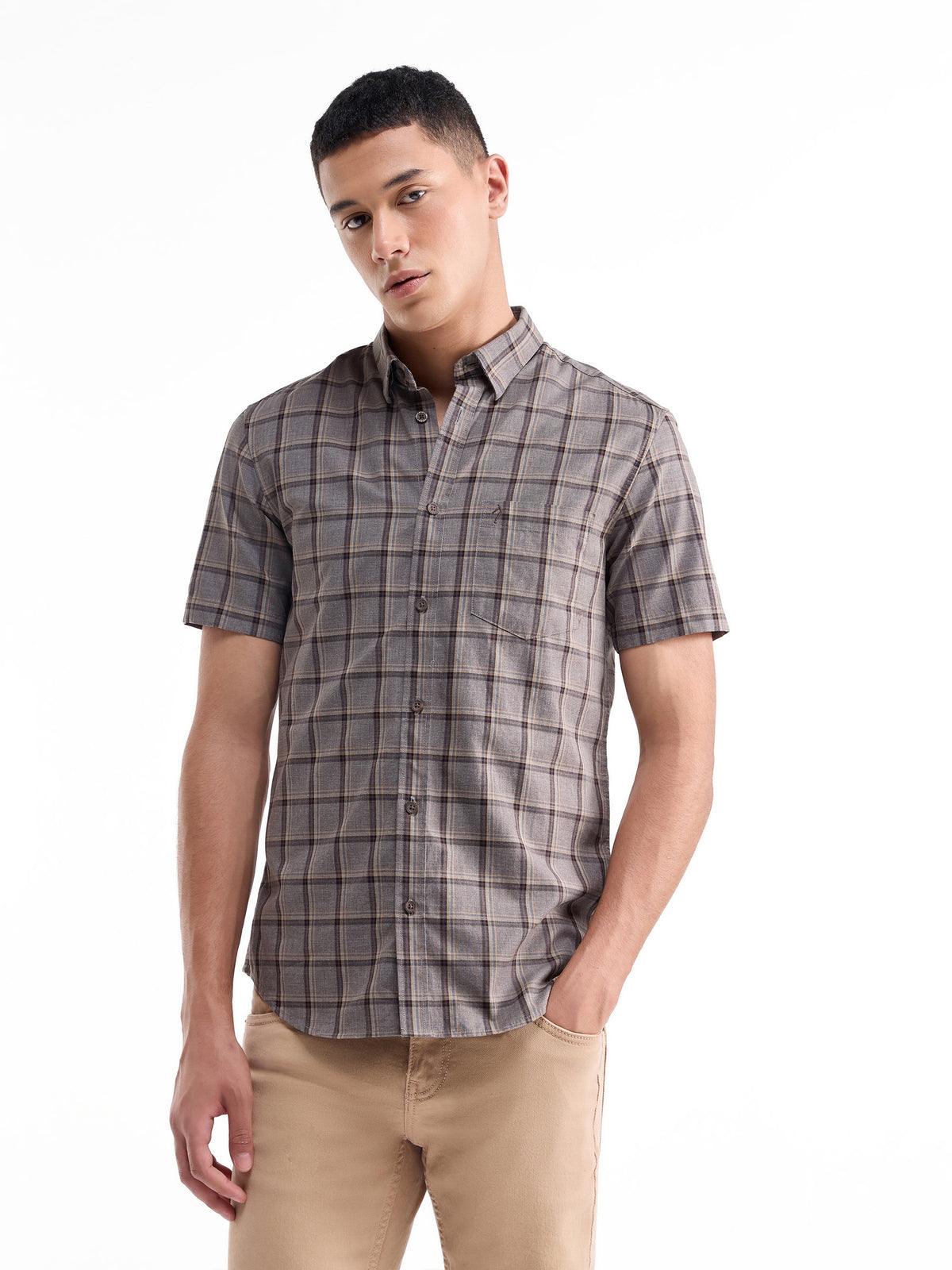 Check Half Sleeve Cotton Shirt - Lt Brown M t4option_0