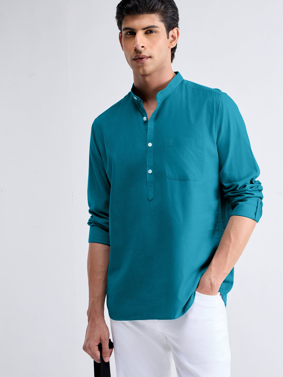 Solid Full Sleeve Cotton Shirt - Teal t4option_3