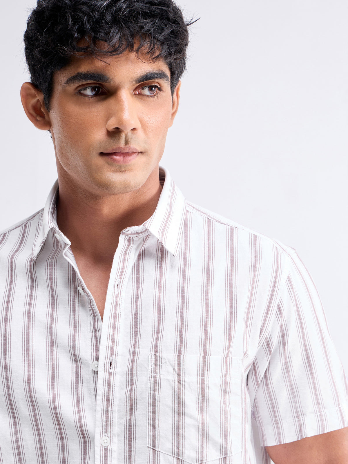 Striped Half Sleeve Cotton Shirt - Khaki t4option_0
