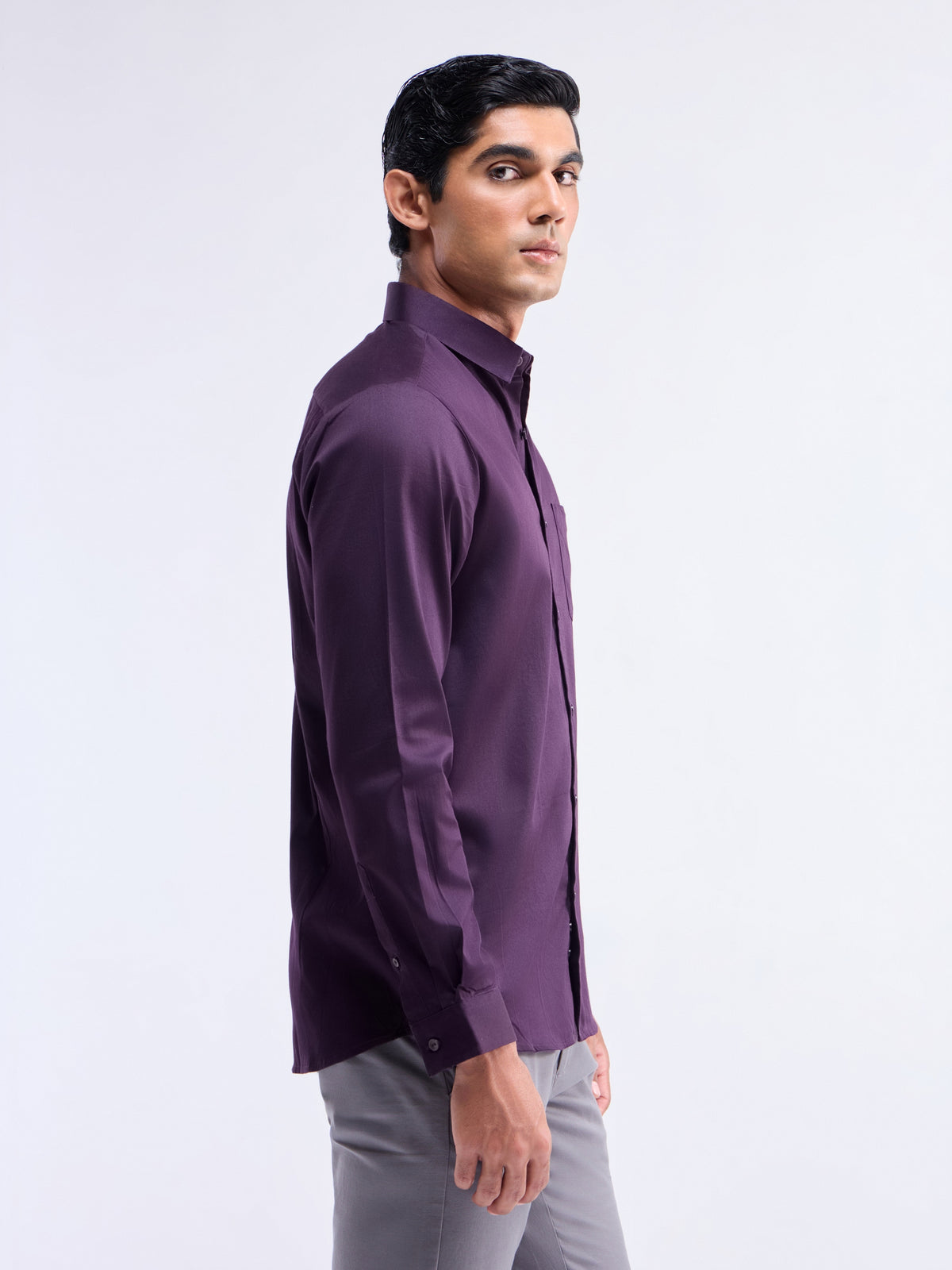 Solid Full Sleeve Cotton Stretch Shirt - Plum t4option_0