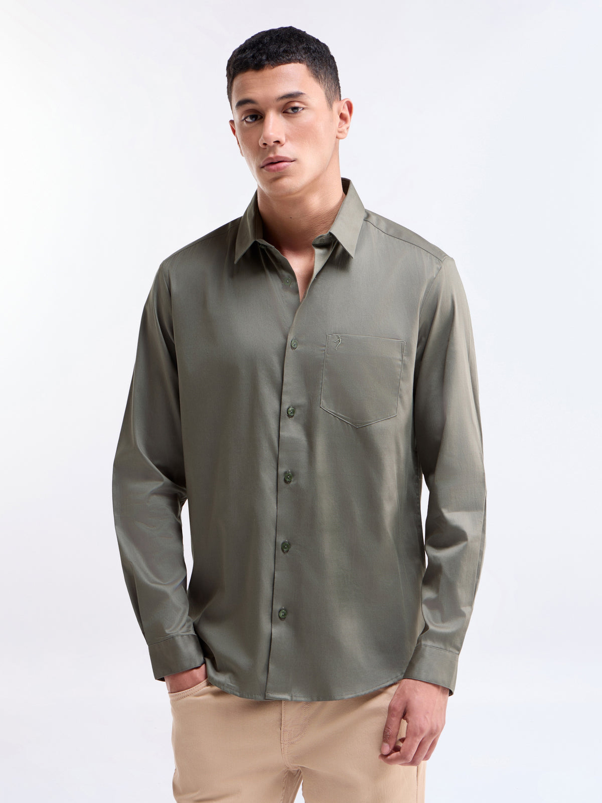 Solid Full Sleeve Cotton Stretch Shirt - Olive t4option_0