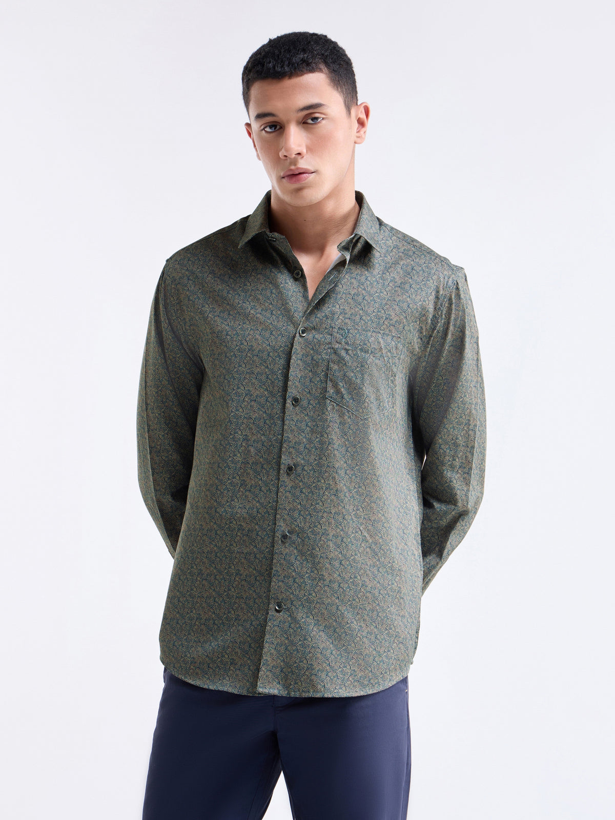 Printed Full Sleeve Cotton Shirt - Pine t4option_0