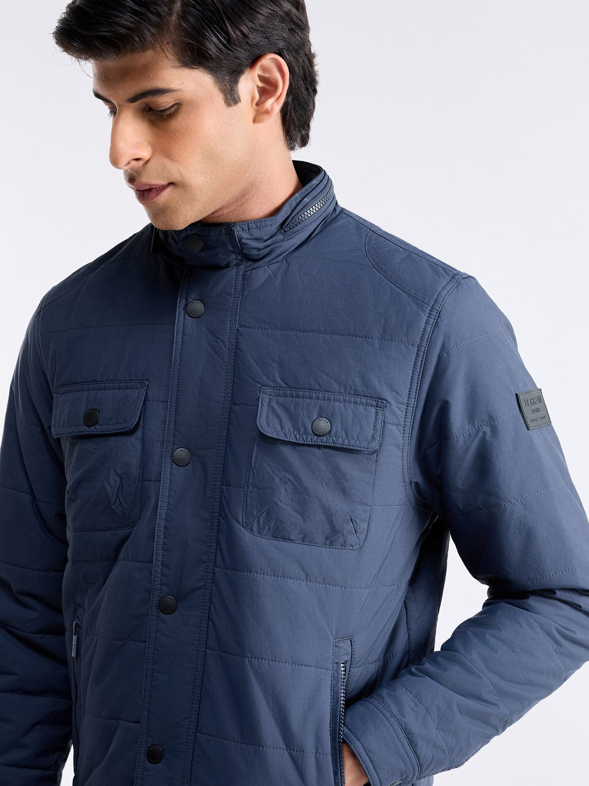 Solid Full Sleeve Bomber Jacket - Navy t4option_0