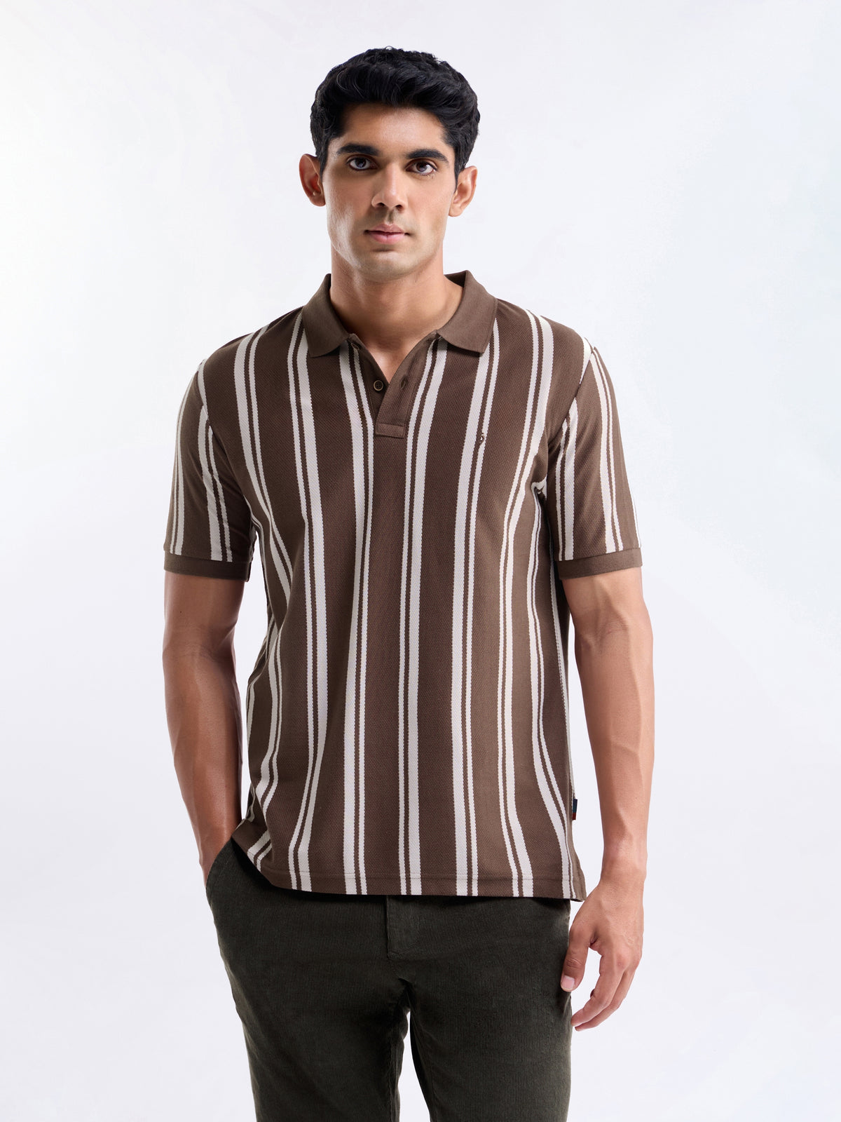 Striped Half Sleeve Regular Fit Polo T-Shirt - Coffee t4option_0