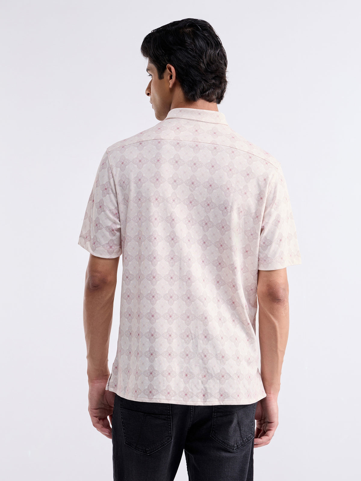 Printed Half Sleeve Cotton Shirt - Ecru t4option_1