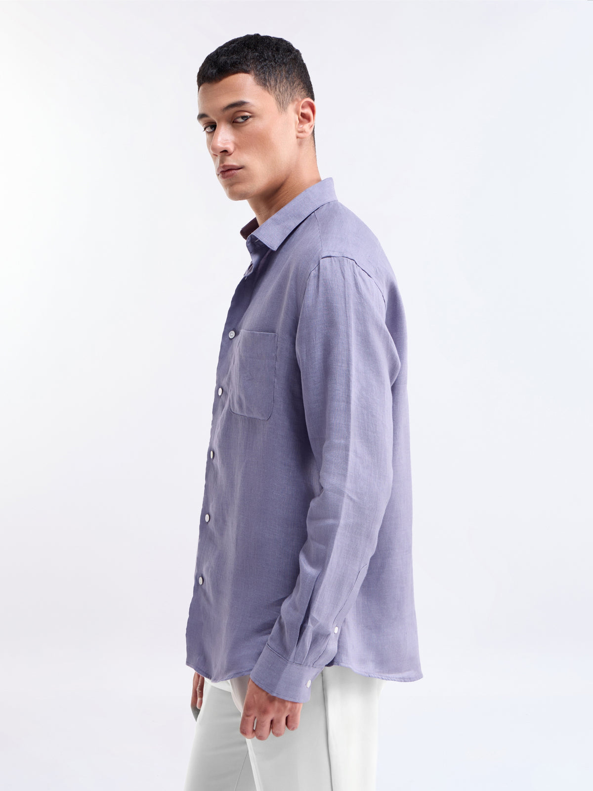 Solid Full Sleeve Linen Shirt - Purple t4option_0