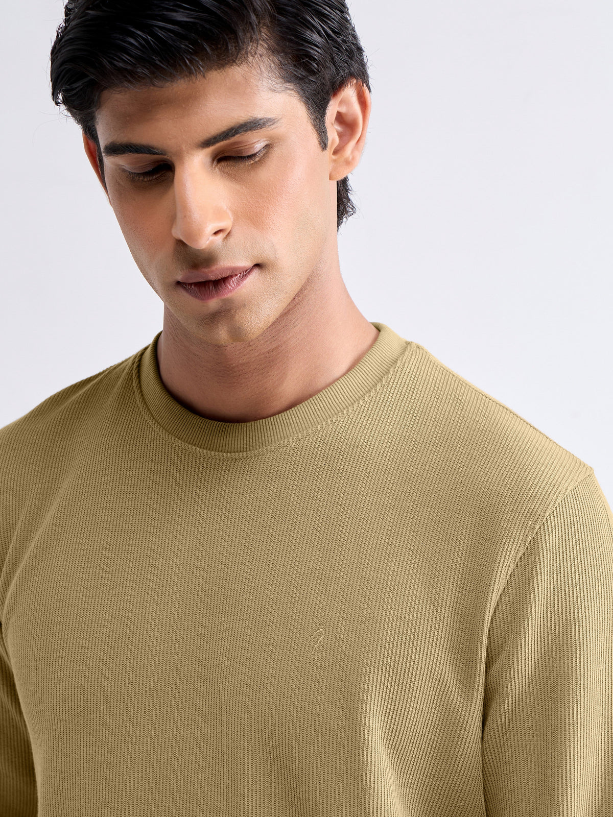 Textured Crew Neck Sweatshirt - Light Tan t4option_0