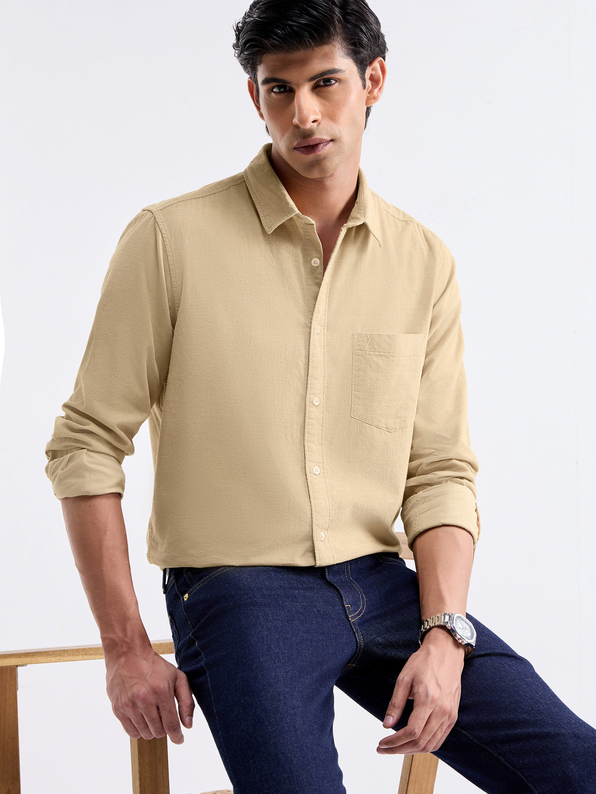 Check Full Sleeve Cotton Shirt - Beige t4option_0