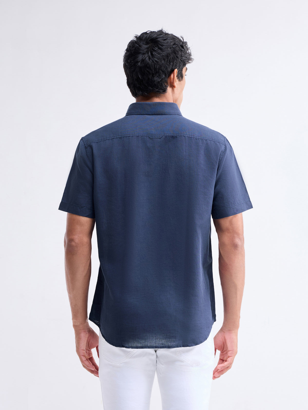 Solid Half Sleeve Cotton Linen Shirt - Navy t4option_3