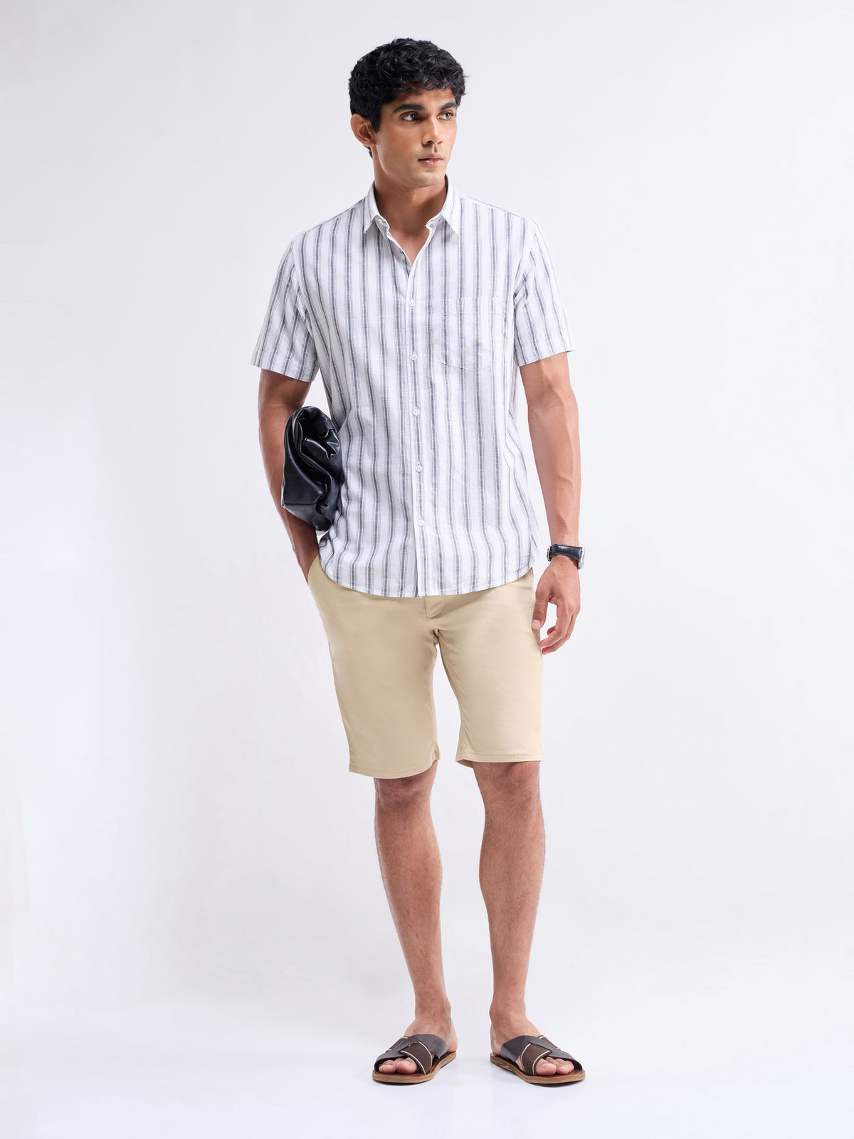 Striped Half Sleeve Cotton Shirt - White t4option_0