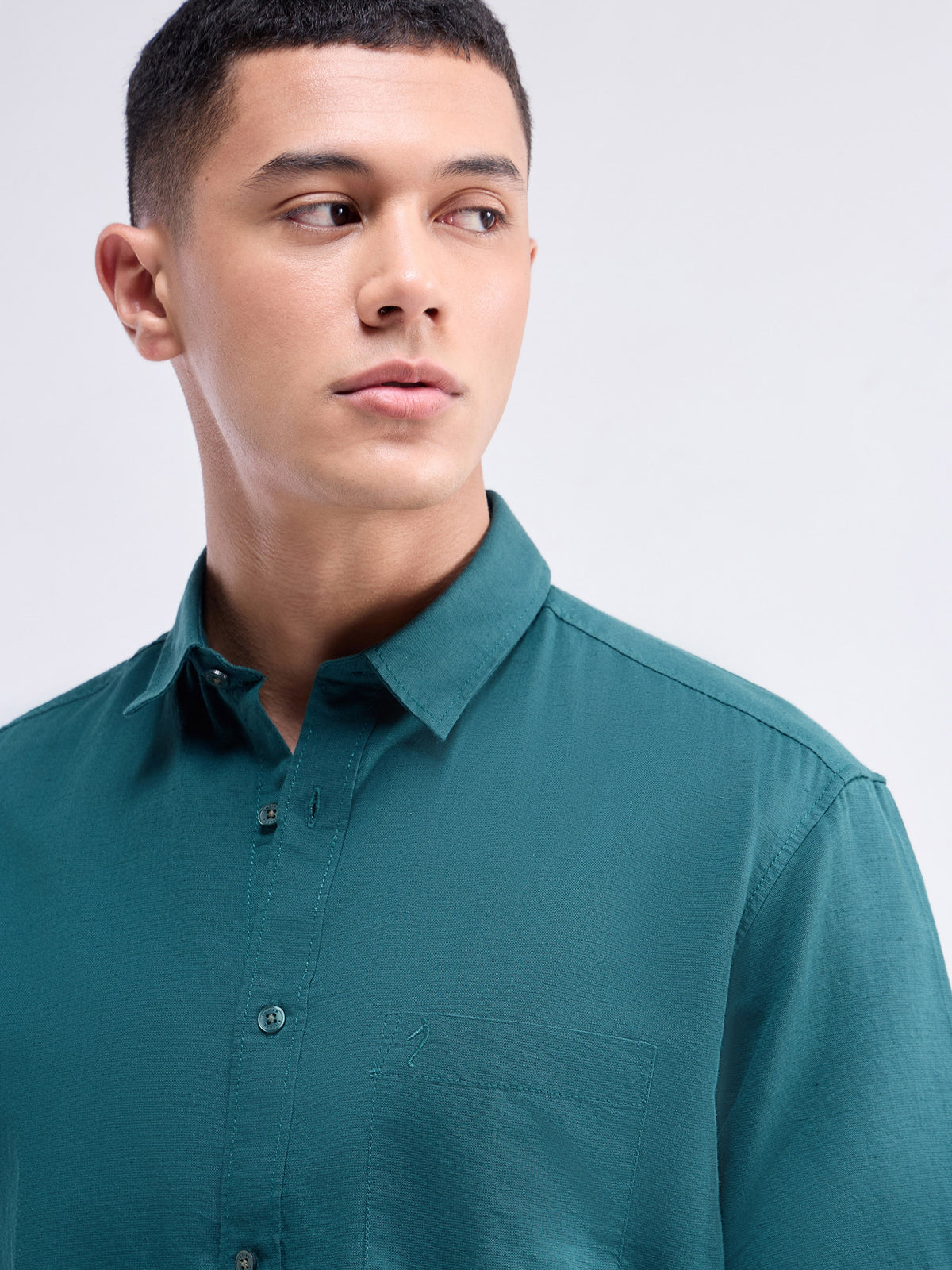 Solid Half Sleeve Cotton Linen Shirt - Pine t4option_2