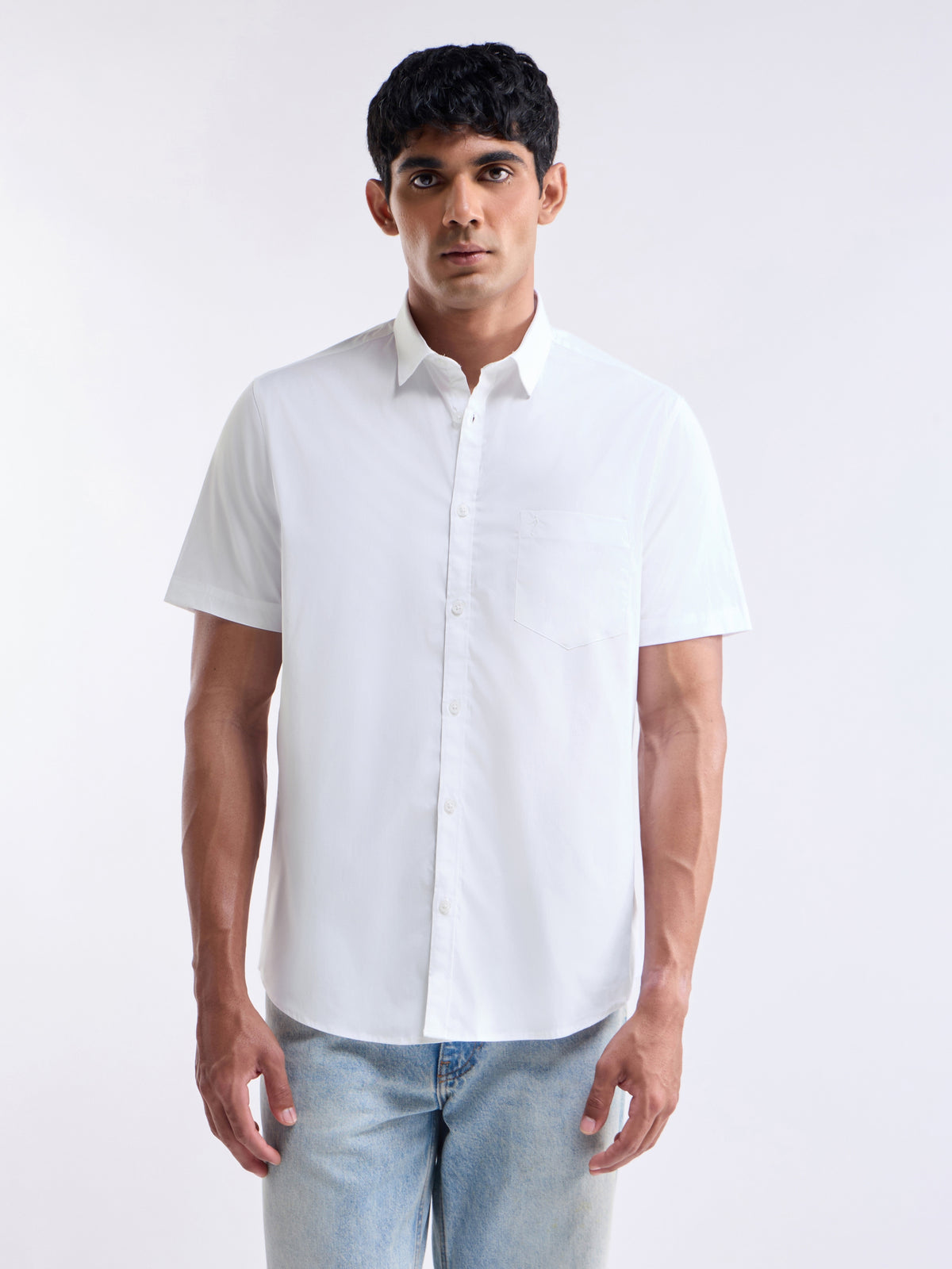 Solid Half Sleeve Cotton Stretch Shirt - White t4option_2