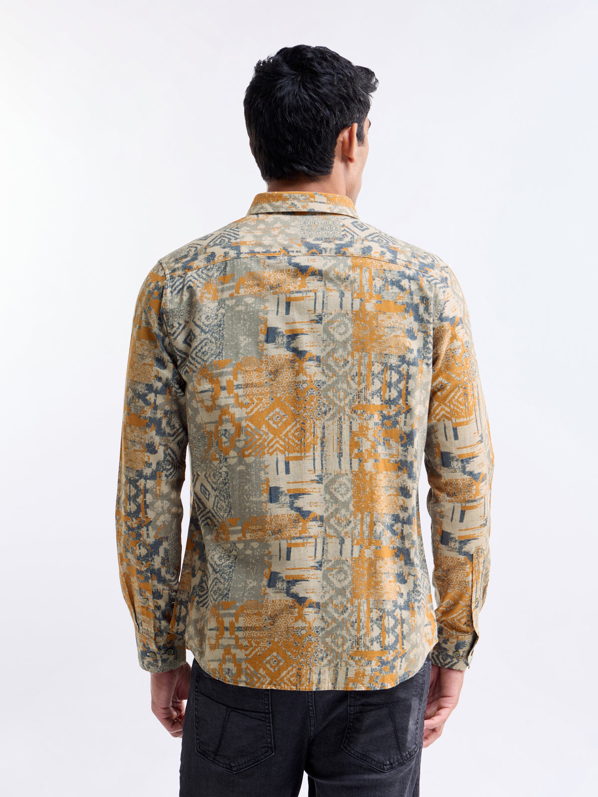 Printed Full Sleeve Cotton Linen Shirt - Ochre t4option_0