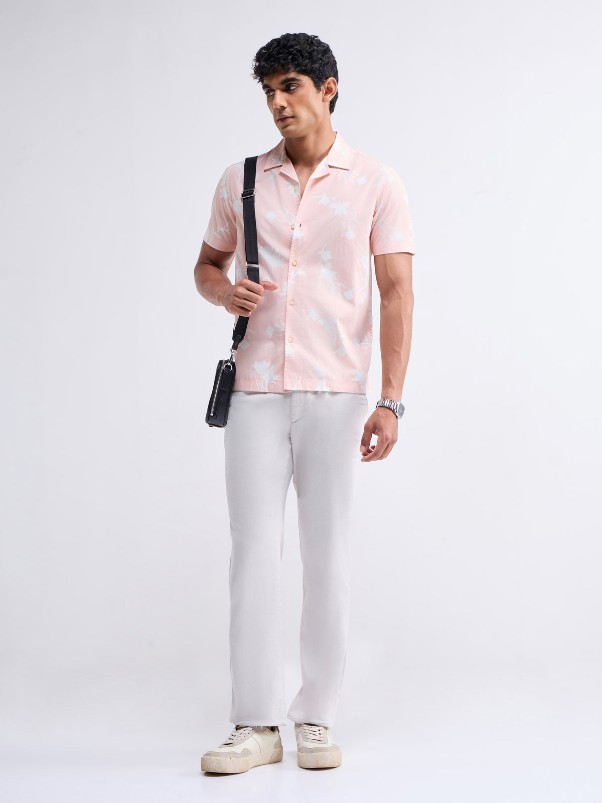 Printed Half Sleeve Cotton Shirt - Coral t4option_0