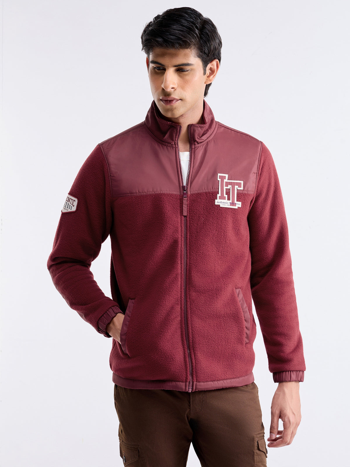 Colour Block High Neck Sweatshirt - Maroon t4option_0