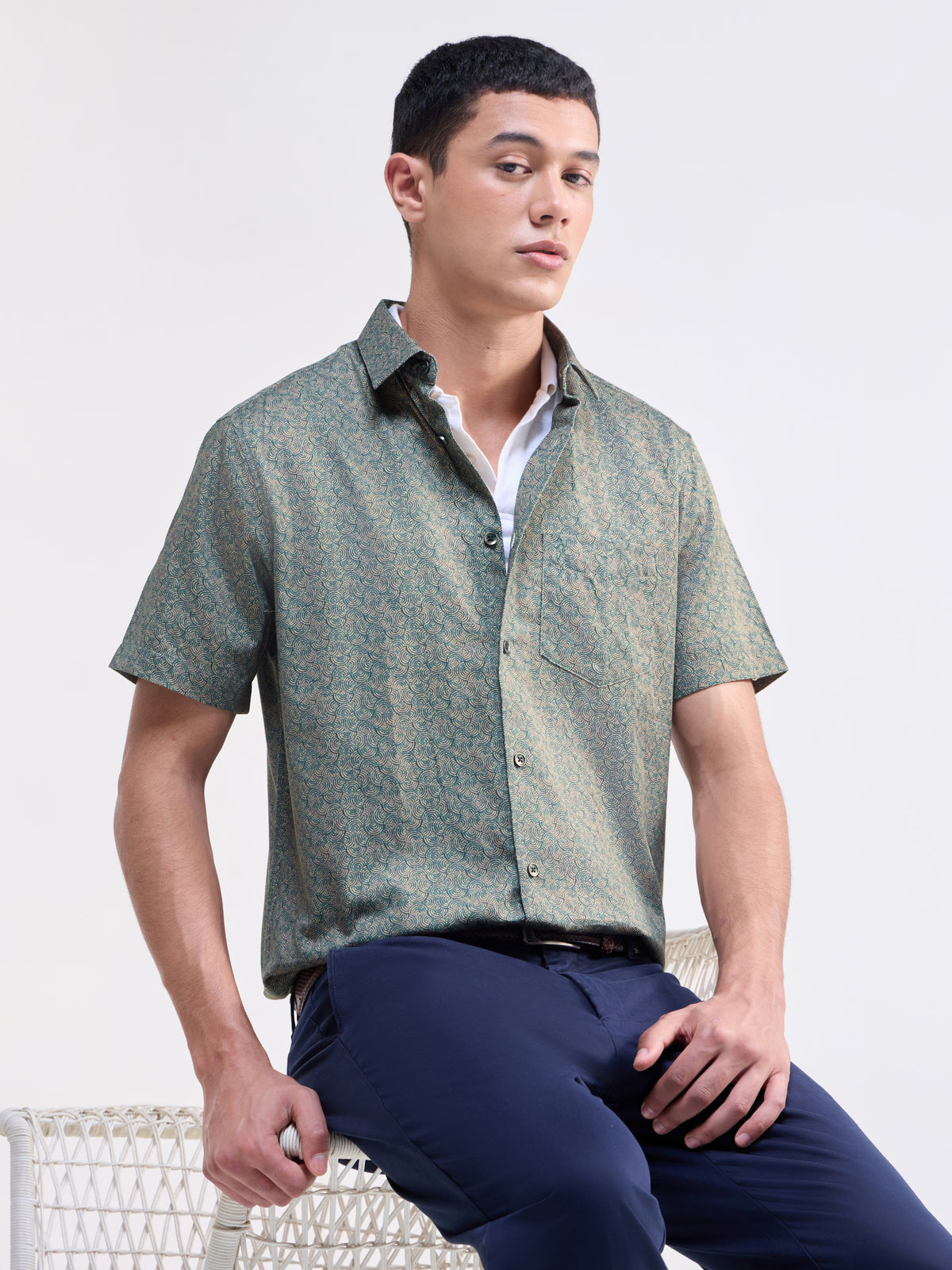 Printed Half Sleeve Cotton Shirt - Black t4option_0