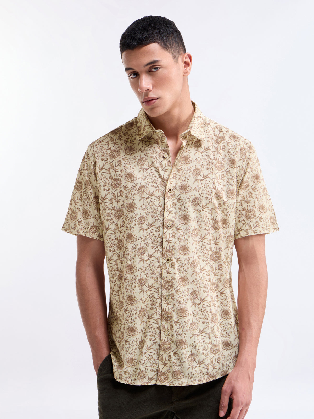 Printed Half Sleeve Cotton Shirt - Ecru t4option_0