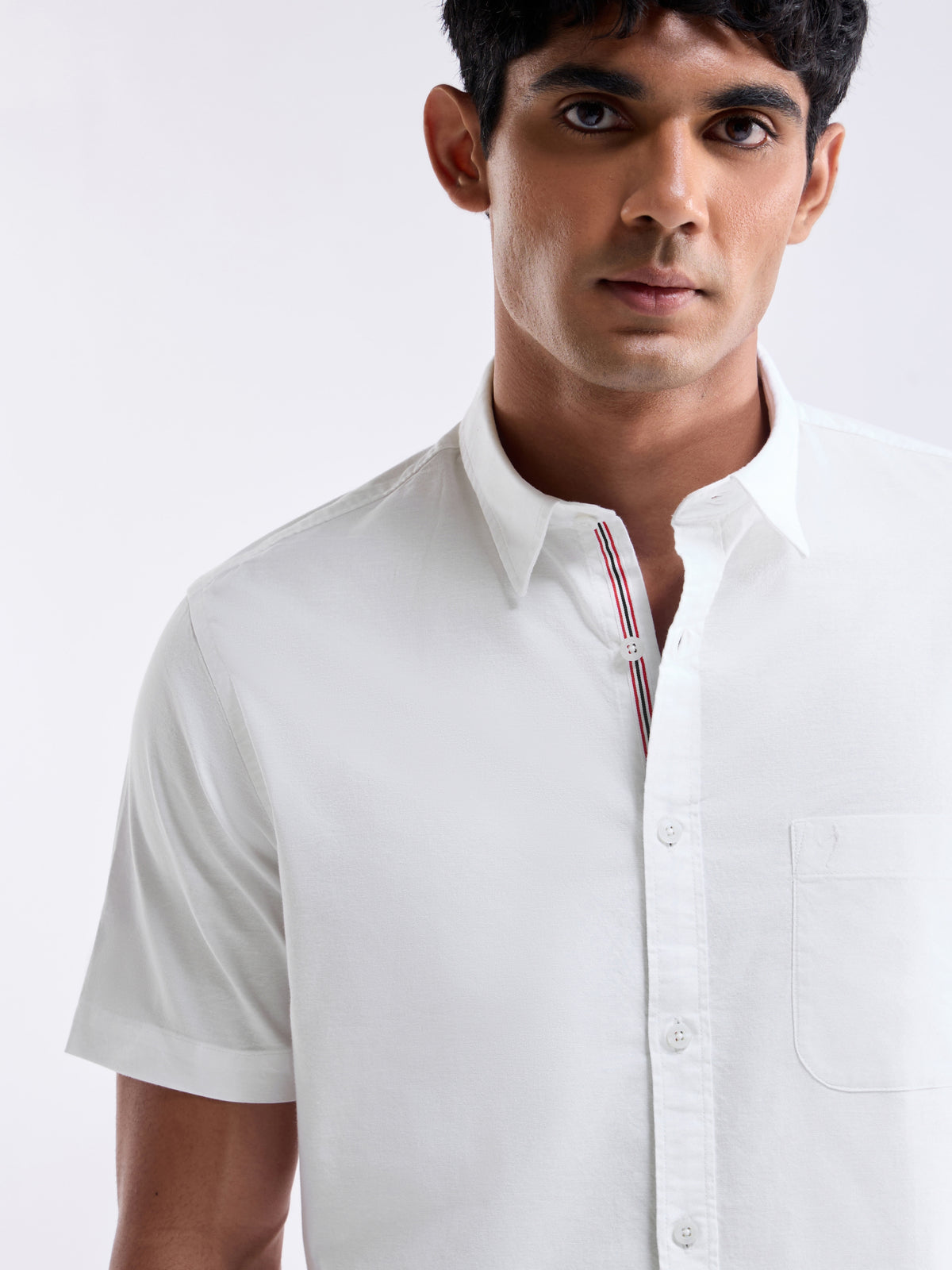 Solid Half Sleeve Cotton Stretch Shirt - White t4option_0
