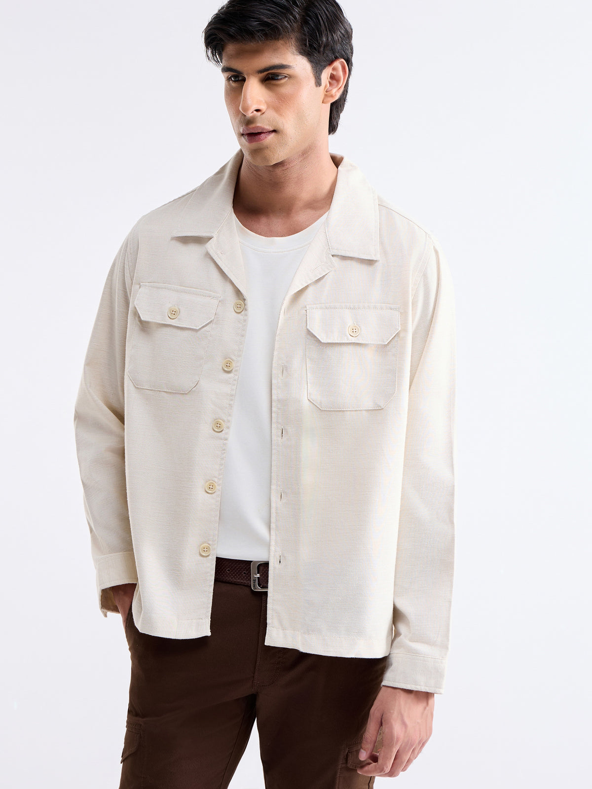 Solid Full Sleeve Shacket Jacket - Ecru t4option_0