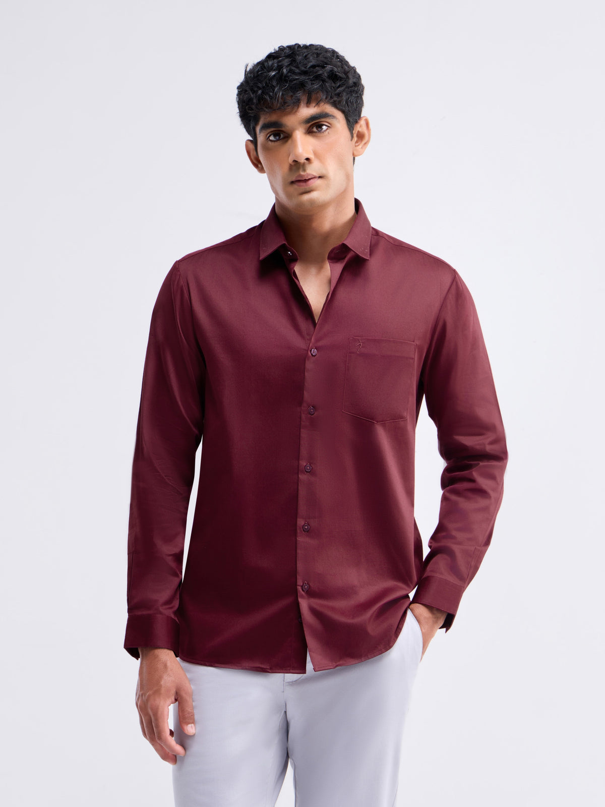 Solid Full Sleeve Cotton Stretch Shirt - Maroon t4option_4
