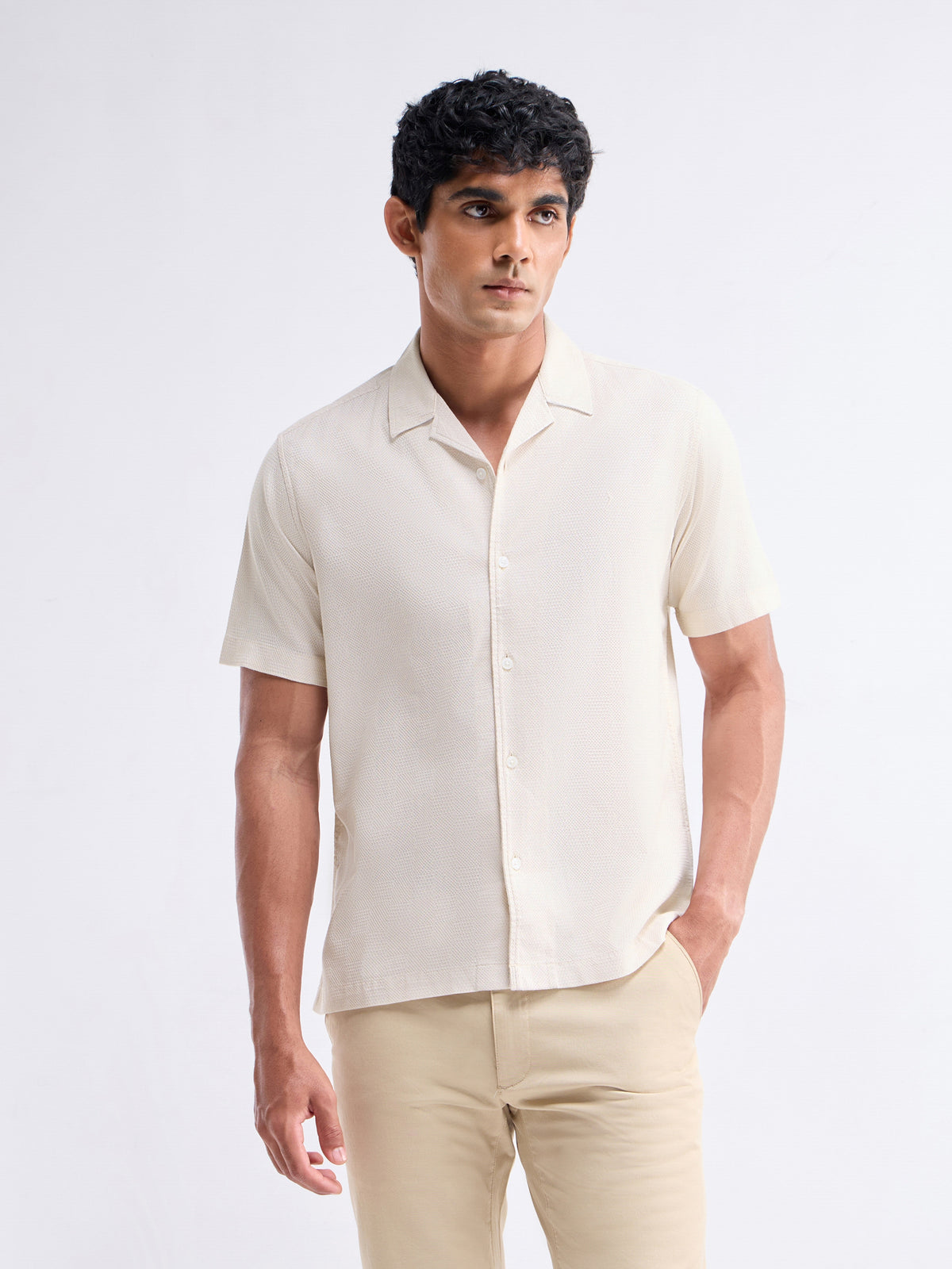 Solid Half Sleeve Cotton Shirt - Beige t4option_0