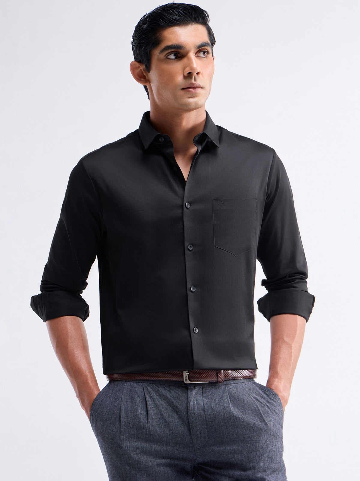 Solid Full Sleeve Cotton Stretch Shirt - Black t4option_0