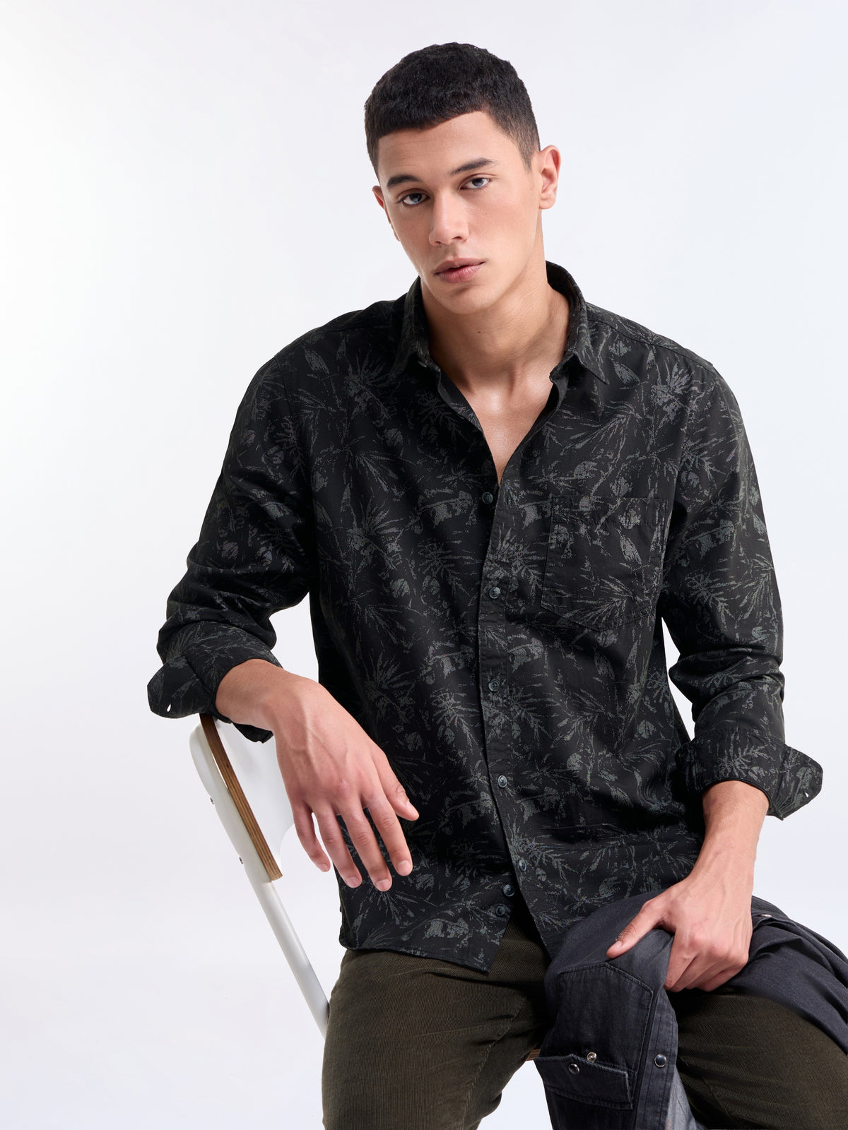 Printed Full Sleeve Cotton Shirt - Black t4option_0