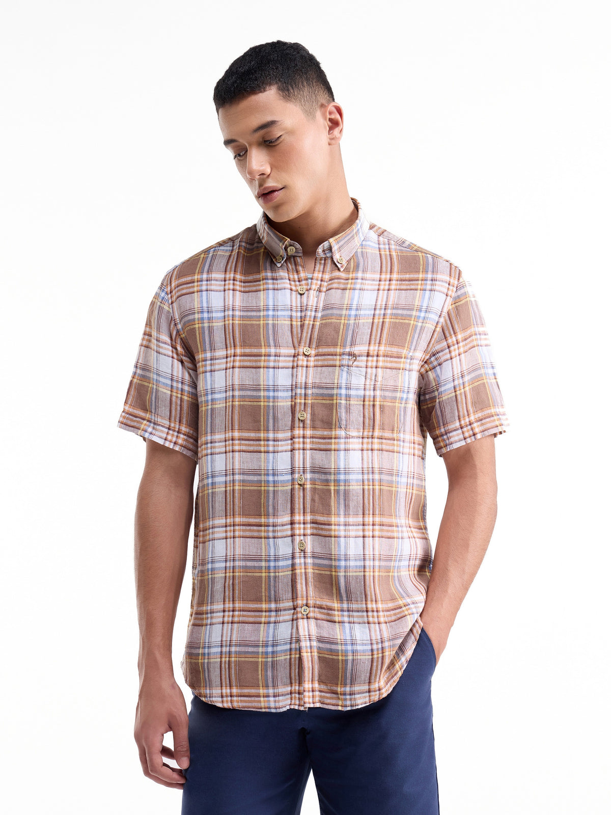 Check Half Sleeve Linen Shirt - Brown t4option_0