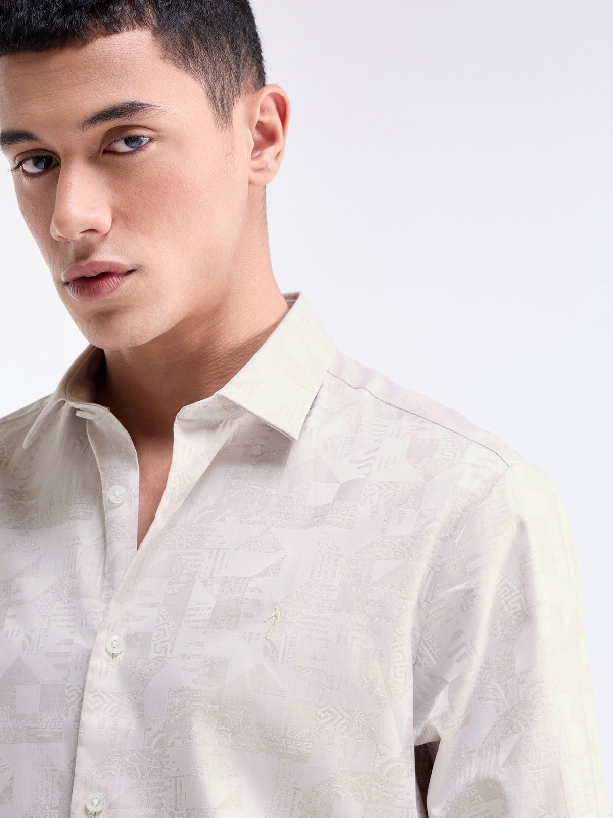 Jacquard Full Sleeve Cotton Shirt - Ecru t4option_0