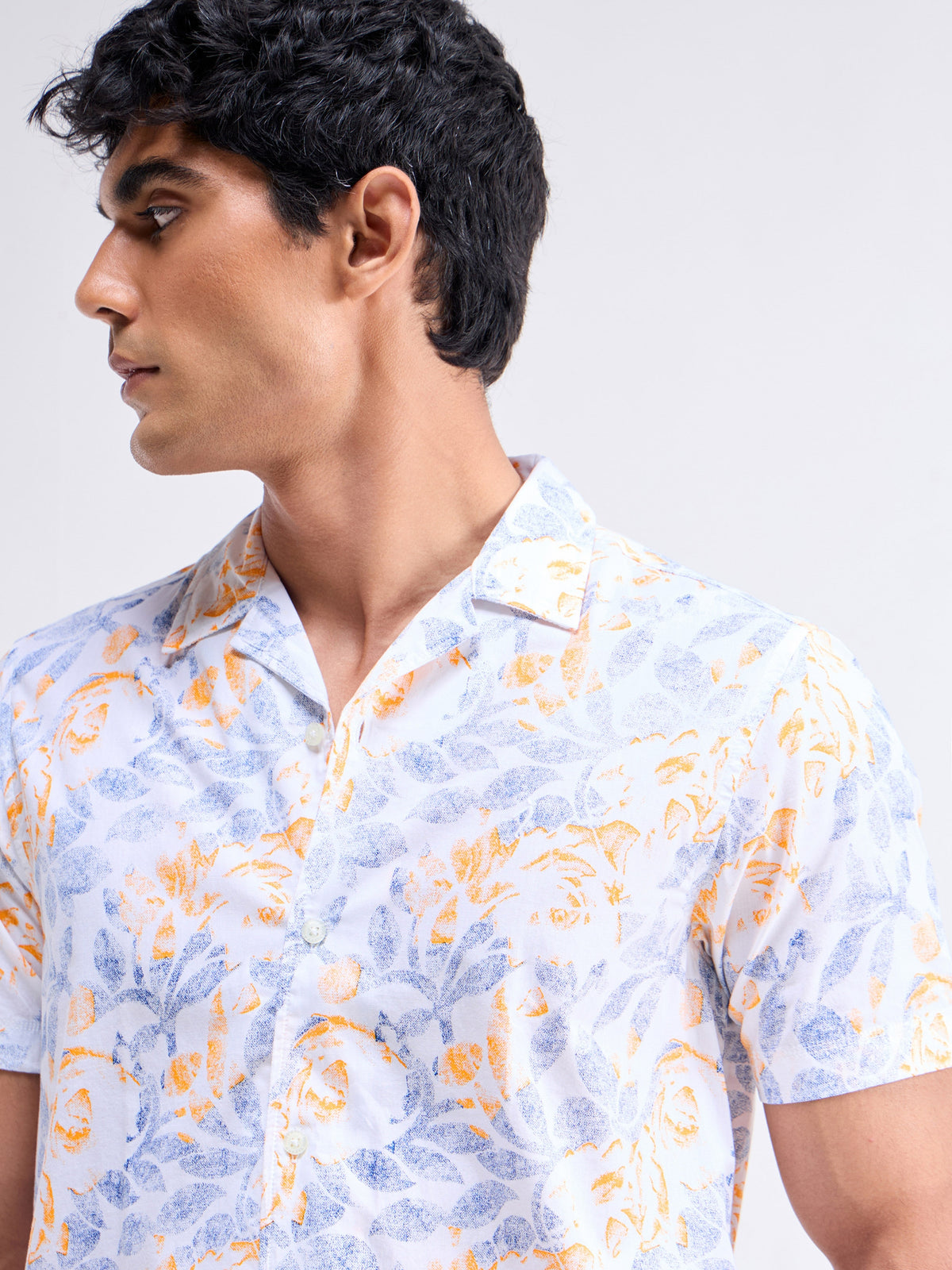 Printed Half Sleeve Cotton Shirt - White t4option_0