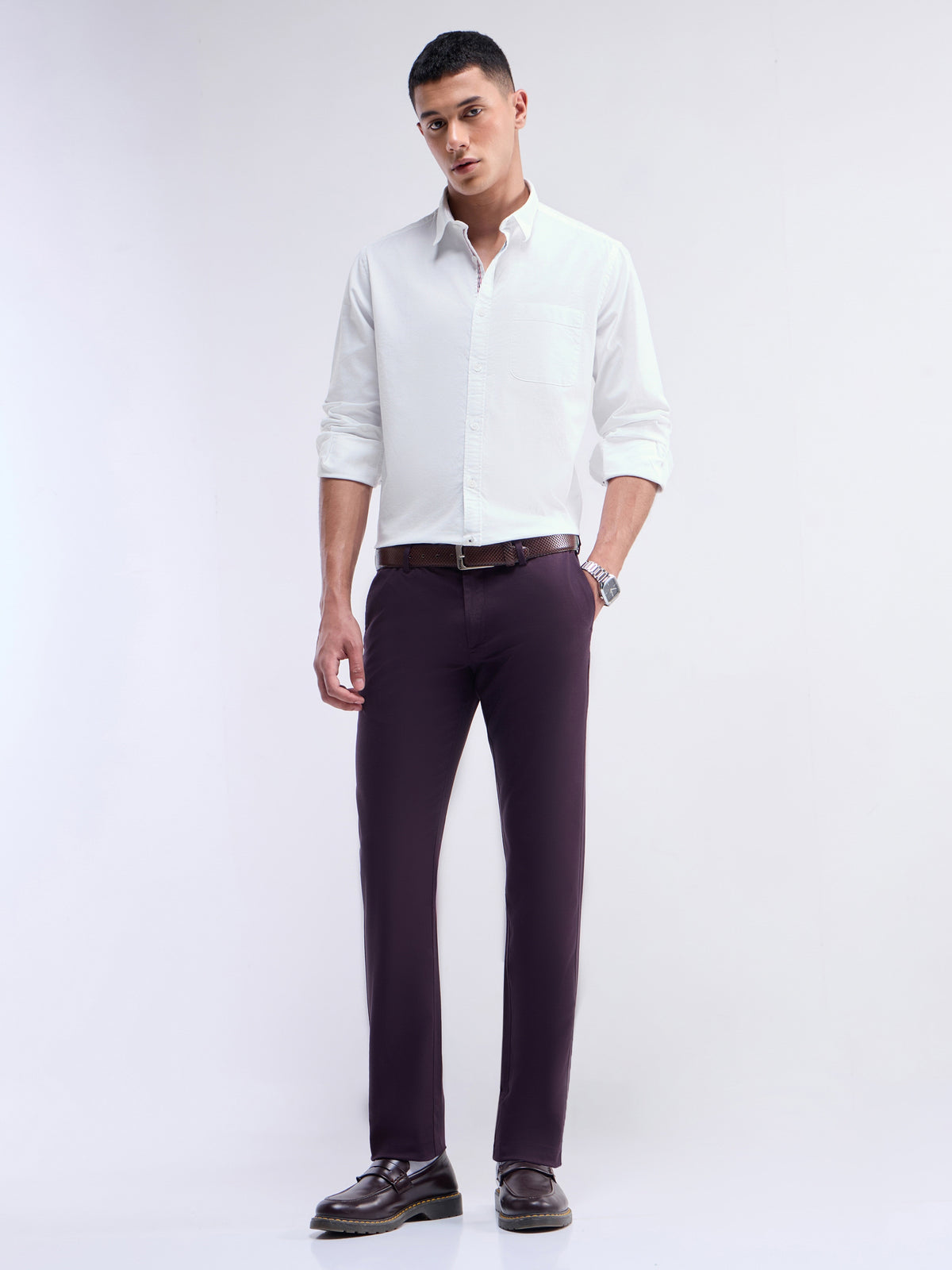 Solid Full Sleeve Cotton Stretch Shirt - White t4option_1