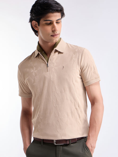 Jacquard Half Sleeve Regular Fit Polo T-Shirt - Beige t4option_0
