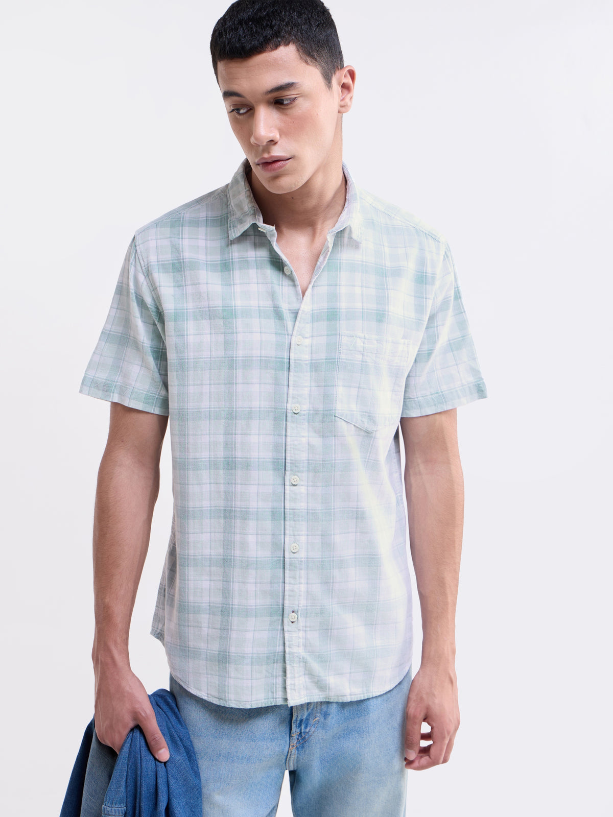 Check Half Sleeve Cotton Shirt - Sap t4option_0