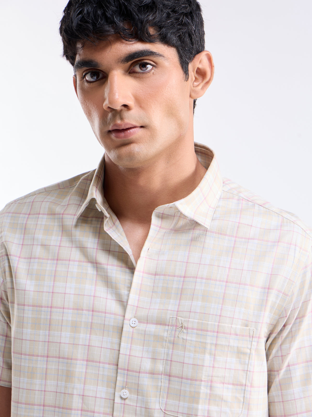 Check Half Sleeve Cotton Shirt - Khaki t4option_0