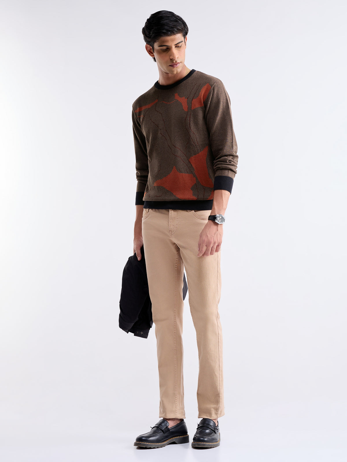 Jacquard Full Sleeve Crew Neck Sweater - Brown Mel t4option_0