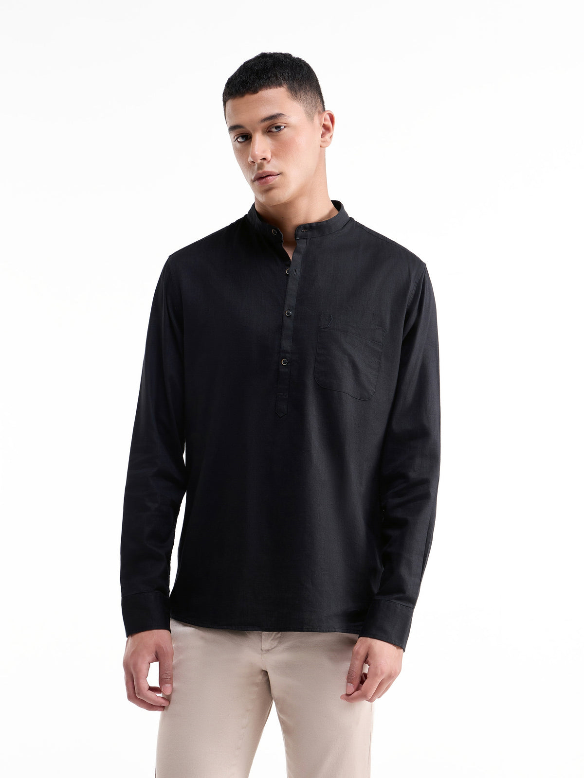 Solid Full Sleeve Cotton Shirt - Black t4option_0