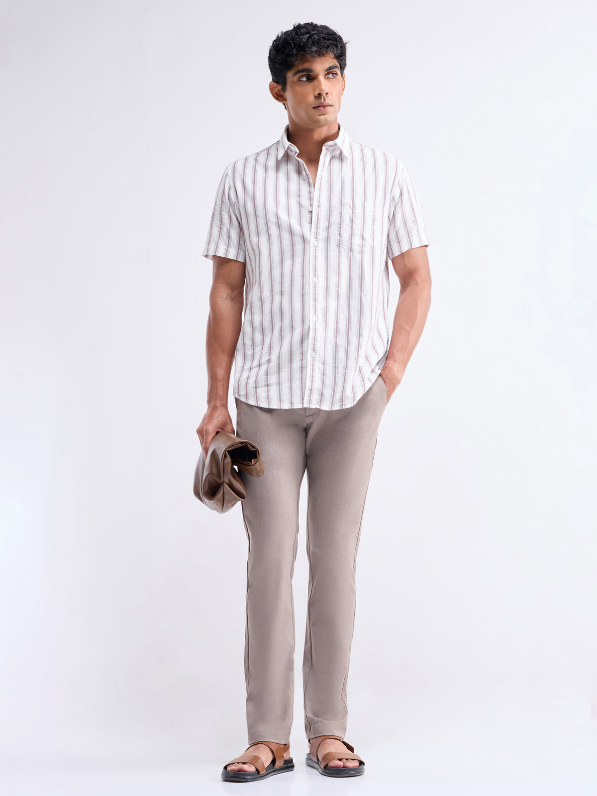 Striped Half Sleeve Cotton Shirt - Khaki t4option_0