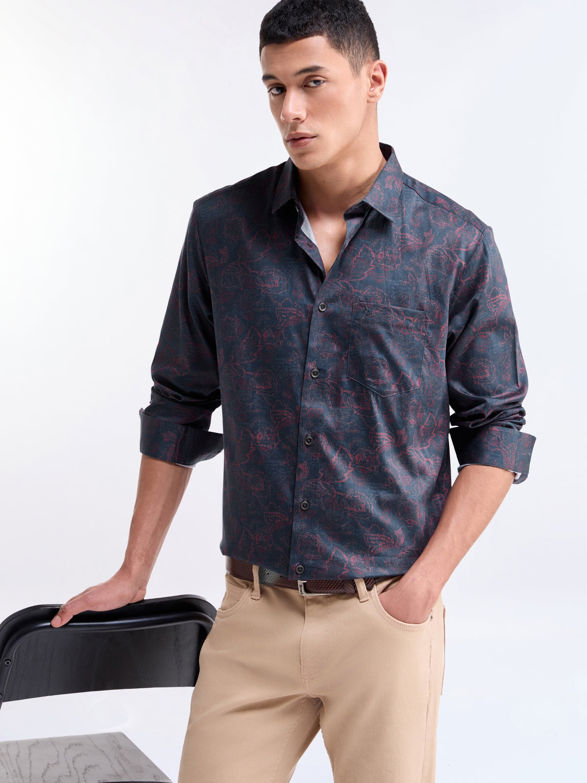 Printed Full Sleeve Cotton Shirt - Navy t4option_0