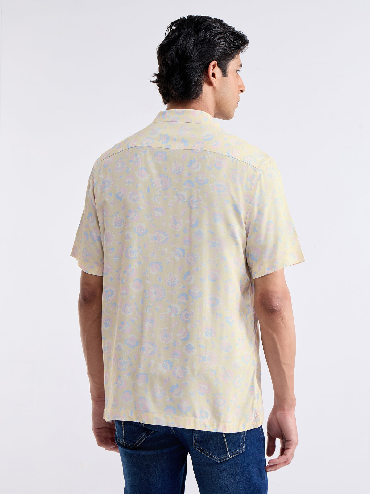 Printed Half Sleeve Cotton Modal Shirt - Yellow t4option_0