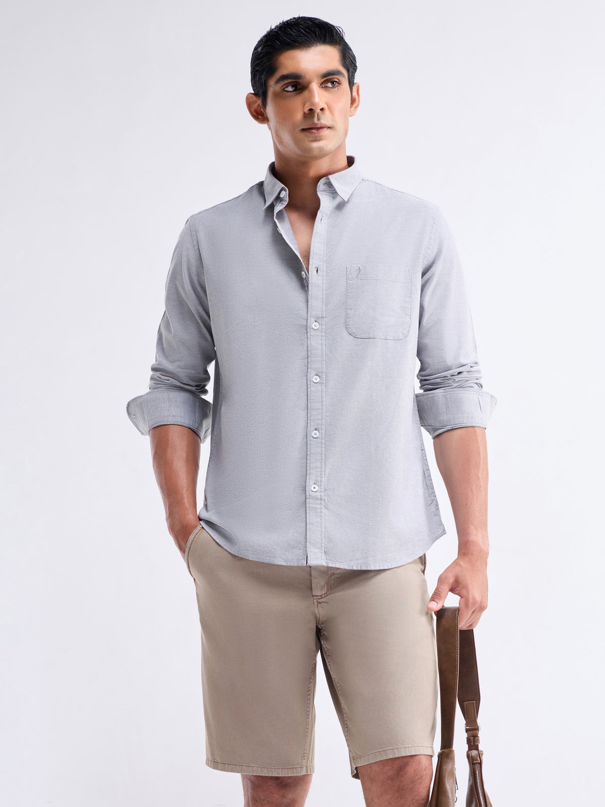 Solid Full Sleeve Cotton Stretch Shirt - Grey t4option_1