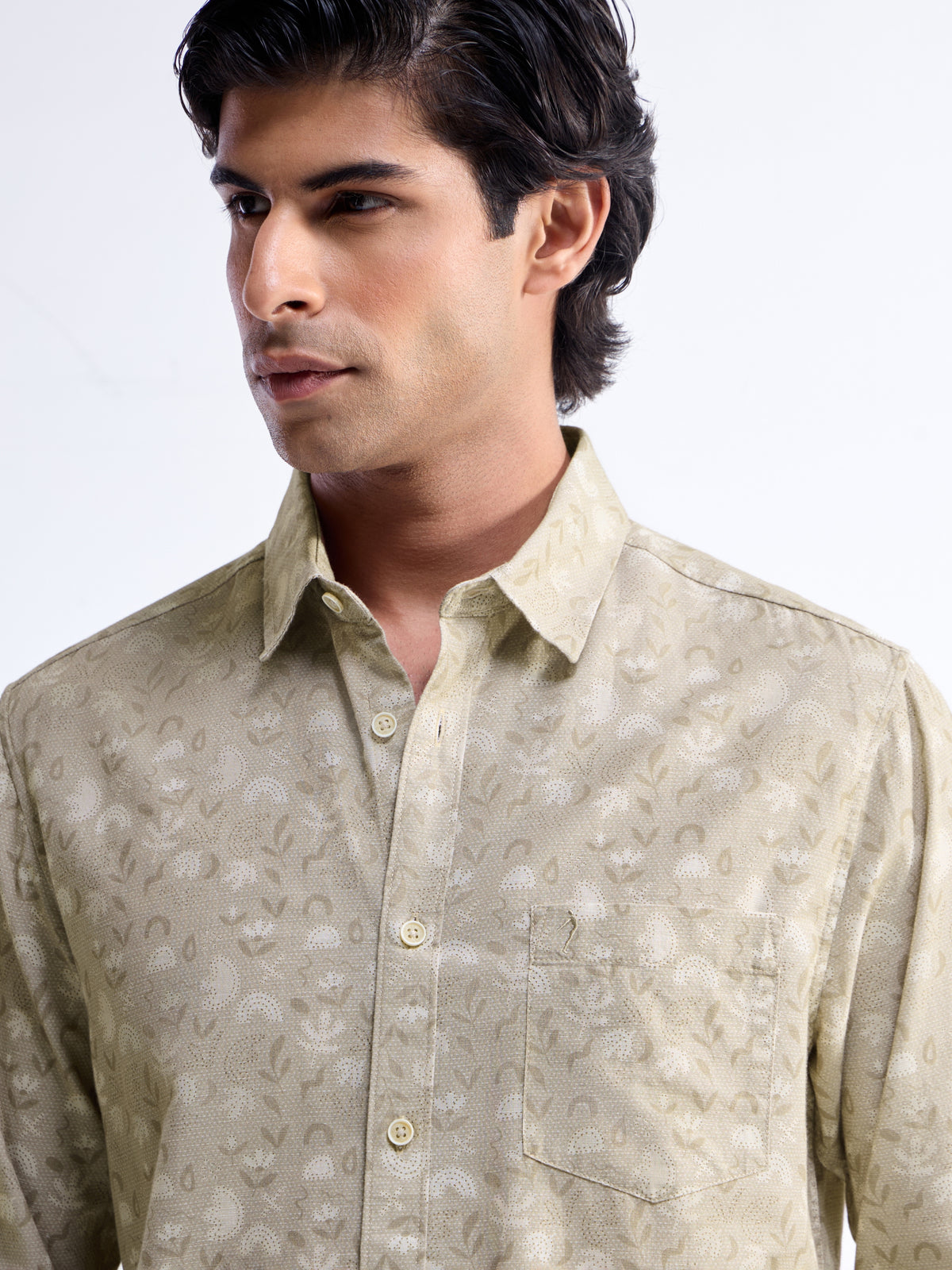 Printed Full Sleeve Cotton Linen Shirt - Khaki t4option_0