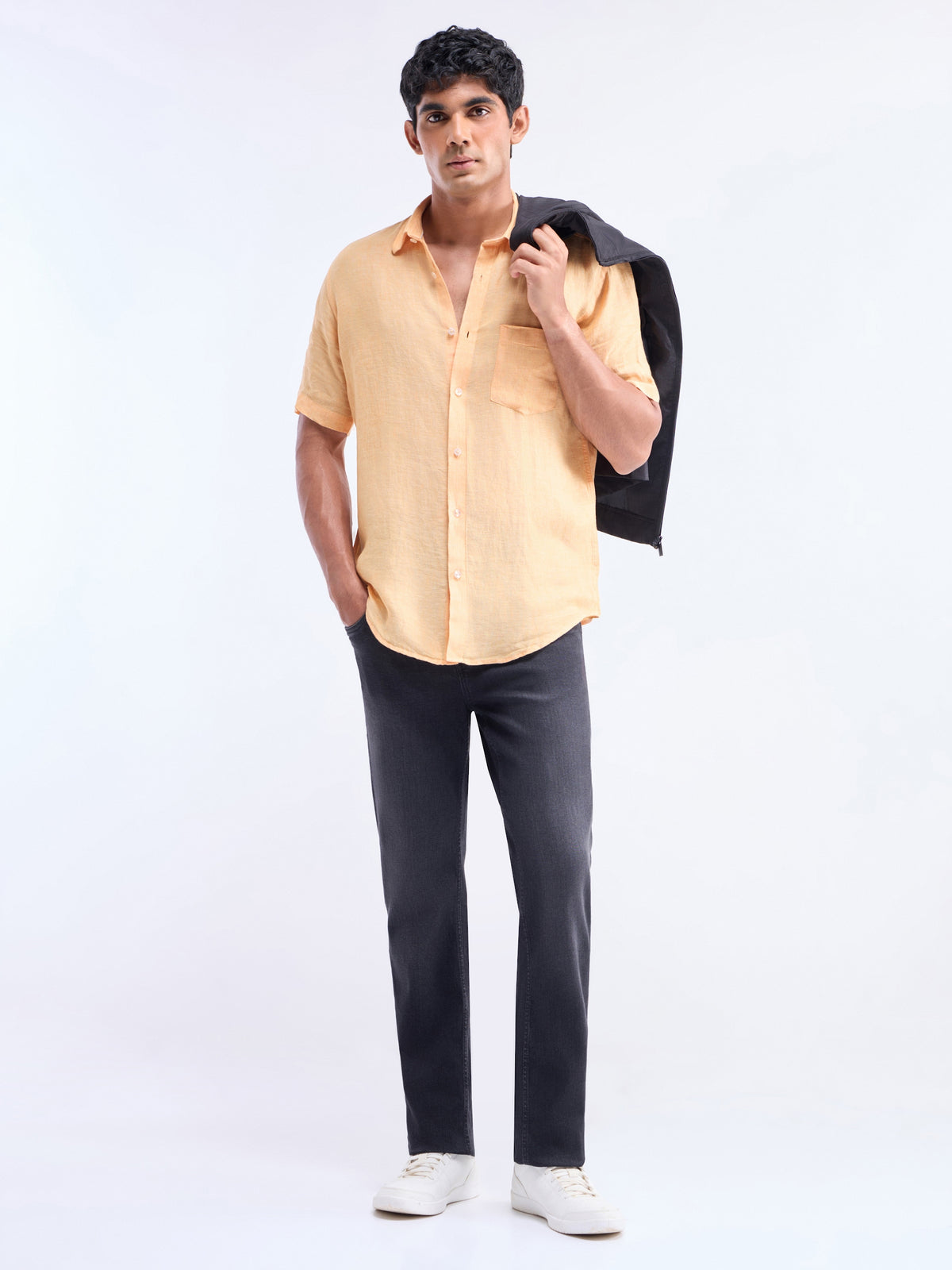 Solid Half Sleeve Linen Shirt - Mustard t4option_1