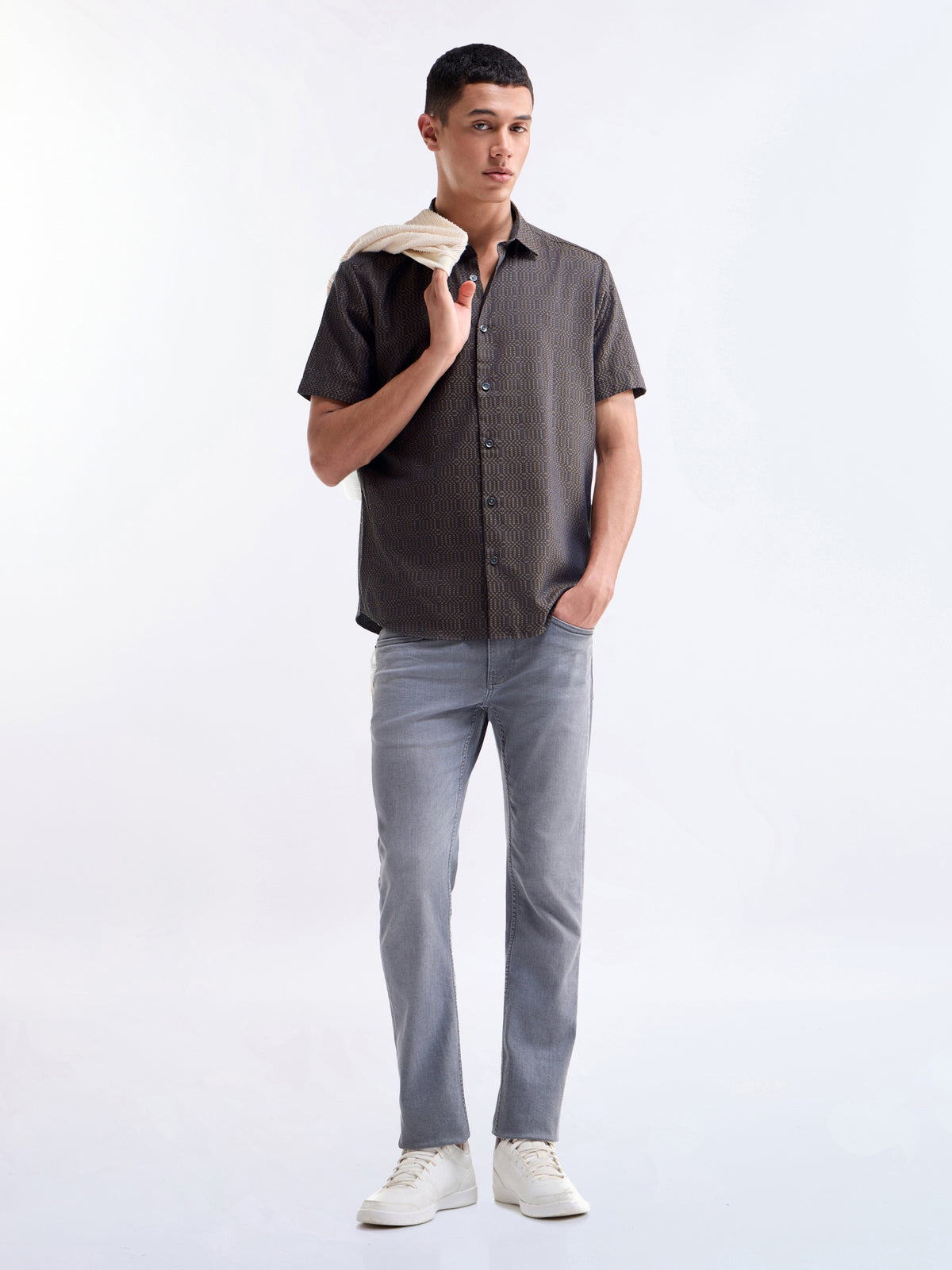 Jacquard Half Sleeve Cotton Shirt - Brown t4option_0
