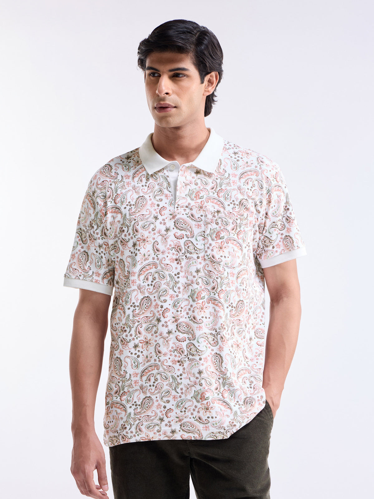 Printed Half Sleeve Regular Fit Polo T-Shirt - Off White t4option_0