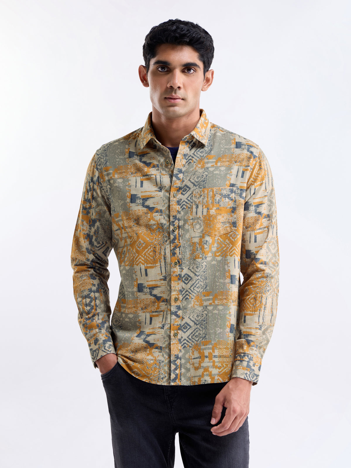 Printed Full Sleeve Cotton Linen Shirt - Ochre t4option_0